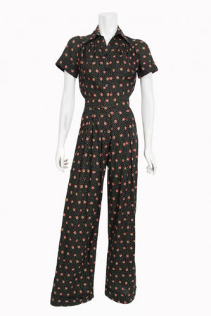 1970s Ossie Clark For Radley Floral Polka-Dot Deco Print Cotton Jumpsuit