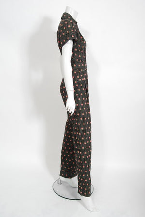 1970s Ossie Clark For Radley Floral Polka-Dot Deco Print Cotton Jumpsuit