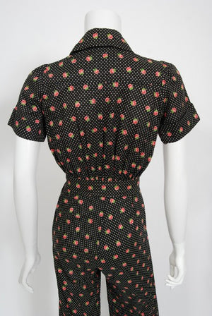 1970s Ossie Clark For Radley Floral Polka-Dot Deco Print Cotton Jumpsuit