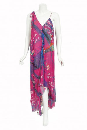 1970's Stephen Burrows Bird Novelty Print Fuchsia Asymmetric Dress