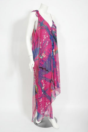 1970's Stephen Burrows Bird Novelty Print Fuchsia Asymmetric Dress