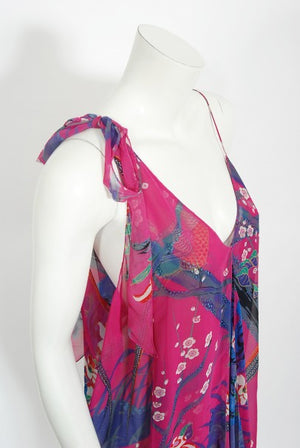 1970's Stephen Burrows Bird Novelty Print Fuchsia Asymmetric Dress