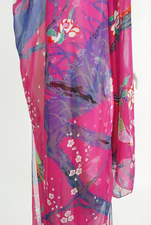 1970's Stephen Burrows Bird Novelty Print Fuchsia Asymmetric Dress