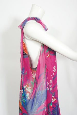 1970's Stephen Burrows Bird Novelty Print Fuchsia Asymmetric Dress