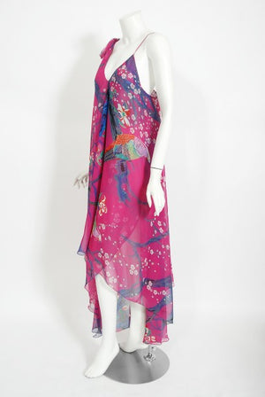 1970's Stephen Burrows Bird Novelty Print Fuchsia Asymmetric Dress