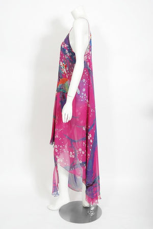 1970's Stephen Burrows Bird Novelty Print Fuchsia Asymmetric Dress