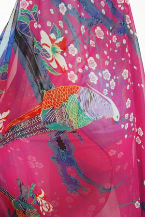 1970's Stephen Burrows Bird Novelty Print Fuchsia Asymmetric Dress