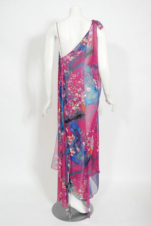 1970's Stephen Burrows Bird Novelty Print Fuchsia Asymmetric Dress
