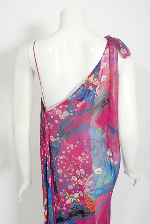 1970's Stephen Burrows Bird Novelty Print Fuchsia Asymmetric Dress