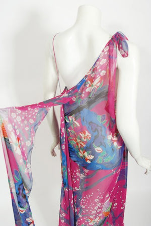 1970's Stephen Burrows Bird Novelty Print Fuchsia Asymmetric Dress