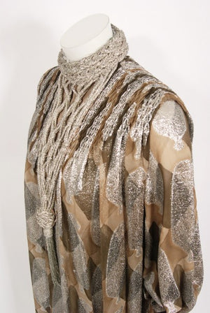 1970 Galanos Couture Documented Metallic Silk Pleated Gown w/ Necklace