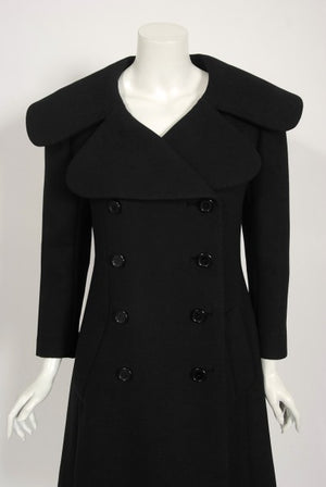 1968 Norman Norell Black Wool Over-Sized Collar Double Breasted Mod Coat