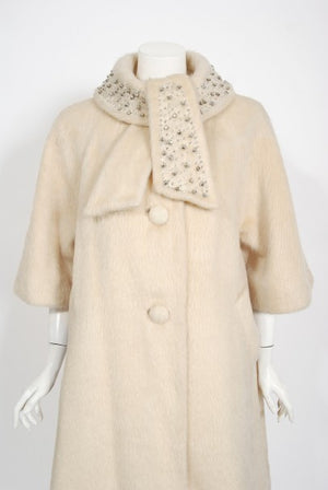1963 Lilli-Ann Cream Mohair Rhinestone Beaded Tie-Collar Swing Coat