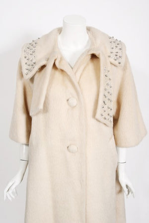 1963 Lilli-Ann Cream Mohair Rhinestone Beaded Tie-Collar Swing Coat