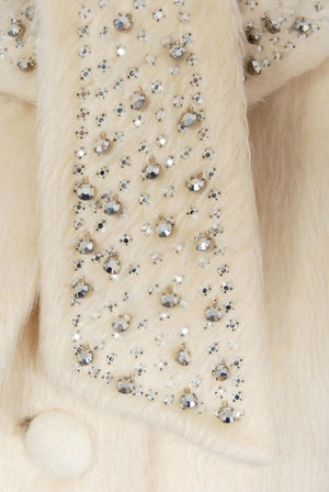 1963 Lilli-Ann Cream Mohair Rhinestone Beaded Tie-Collar Swing Coat