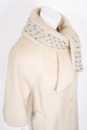 1963 Lilli-Ann Cream Mohair Rhinestone Beaded Tie-Collar Swing Coat