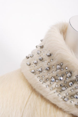 1963 Lilli-Ann Cream Mohair Rhinestone Beaded Tie-Collar Swing Coat