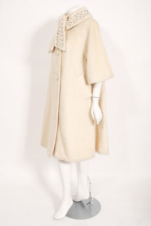 1963 Lilli-Ann Cream Mohair Rhinestone Beaded Tie-Collar Swing Coat