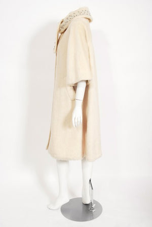 1963 Lilli-Ann Cream Mohair Rhinestone Beaded Tie-Collar Swing Coat