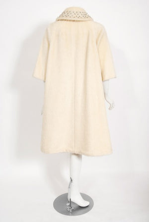 1963 Lilli-Ann Cream Mohair Rhinestone Beaded Tie-Collar Swing Coat