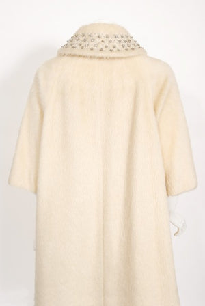 1963 Lilli-Ann Cream Mohair Rhinestone Beaded Tie-Collar Swing Coat