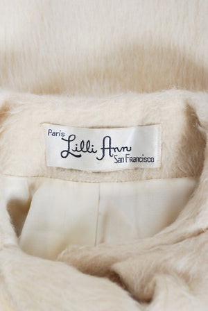 1963 Lilli-Ann Cream Mohair Rhinestone Beaded Tie-Collar Swing Coat