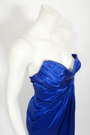 1999 Thierry Mugler Couture Sapphire Blue Silk Corset Strapless Gown