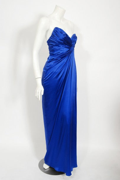 1990 Thierry Mugler Couture Sapphire Blue Silk Corset Strapless Gown