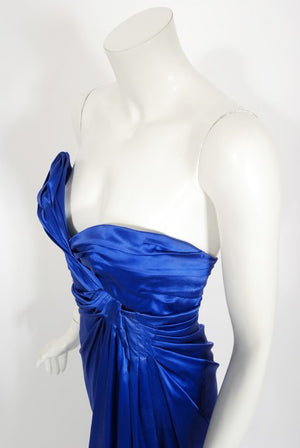 1999 Thierry Mugler Couture Sapphire Blue Silk Corset Strapless Gown