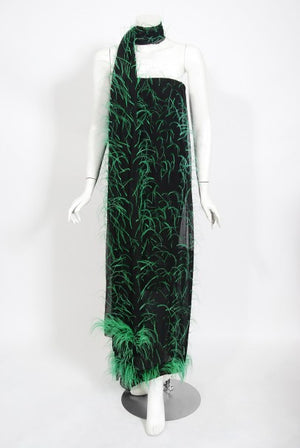 1970 Pauline Trigere Documented Green Feather Silk Strapless Gown & Wrap