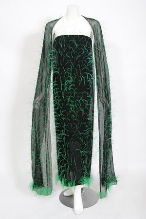 1970 Pauline Trigere Documented Green Feather Silk Strapless Gown & Wrap