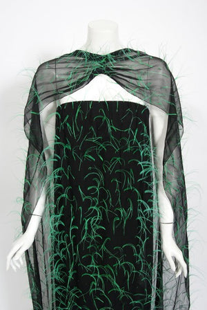 1970 Pauline Trigere Documented Green Feather Silk Strapless Gown & Wrap