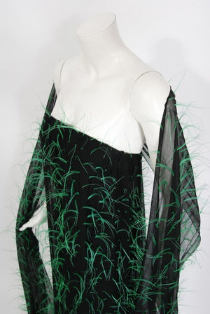 1970 Pauline Trigere Documented Green Feather Silk Strapless Gown & Wrap