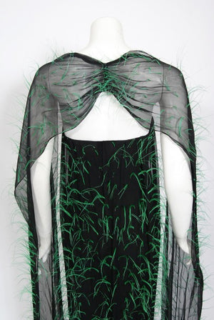 1970 Pauline Trigere Documented Green Feather Silk Strapless Gown & Wrap