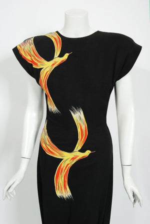 1946 Jourdelle of Hollywood Novelty Flying Firebirds Crepe Draped Gown