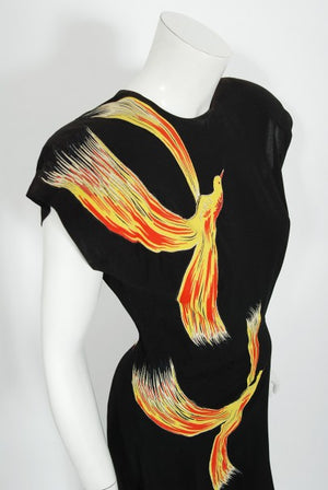 1946 Jourdelle of Hollywood Novelty Flying Firebirds Crepe Draped Gown