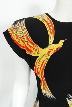 1946 Jourdelle of Hollywood Novelty Flying Firebirds Crepe Draped Gown