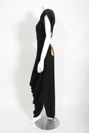 1946 Jourdelle of Hollywood Novelty Flying Firebirds Crepe Draped Gown