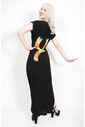 1946 Jourdelle of Hollywood Novelty Flying Firebirds Crepe Draped Gown
