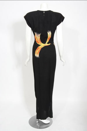 1946 Jourdelle of Hollywood Novelty Flying Firebirds Crepe Draped Gown