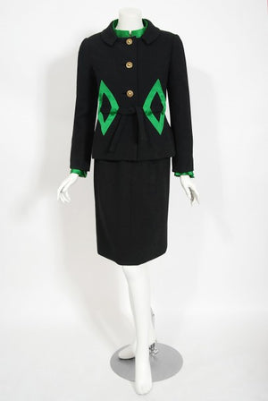 1968 Burke-Amey Couture Black Wool Green Silk Appliqué 3-Piece Ensemble