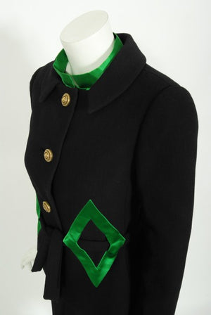 1968 Burke-Amey Couture Black Wool Green Silk Appliqué 3-Piece Ensemble
