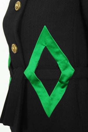 1968 Burke-Amey Couture Black Wool Green Silk Appliqué 3-Piece Ensemble