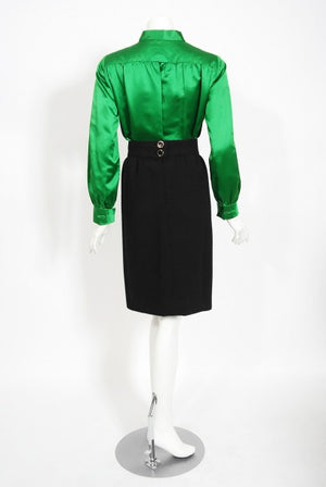 1968 Burke-Amey Couture Black Wool Green Silk Appliqué 3-Piece Ensemble