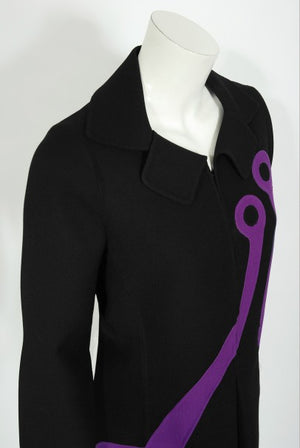 1968 Mila Schön Italian Couture Black Purple Wool Mod Target Coat Dress