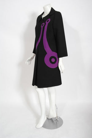 1968 Mila Schön Italian Couture Black Purple Wool Mod Target Coat Dress