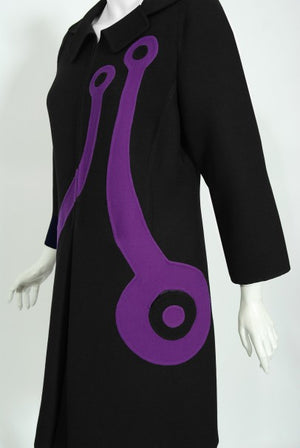 1968 Mila Schön Italian Couture Black Purple Wool Mod Target Coat Dress