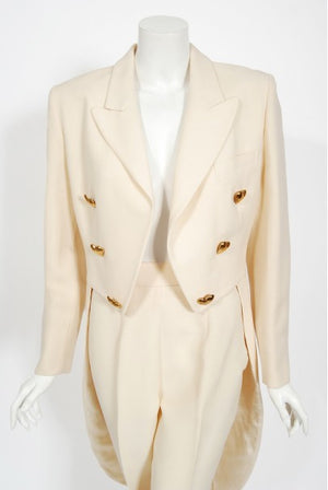 1993 Moschino Couture Cream Wool Heart Buttons Tuxedo Jacket & Pants Set