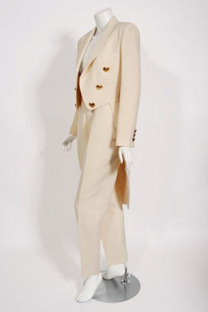 1993 Moschino Couture Cream Wool Heart Buttons Tuxedo Jacket & Pants Set