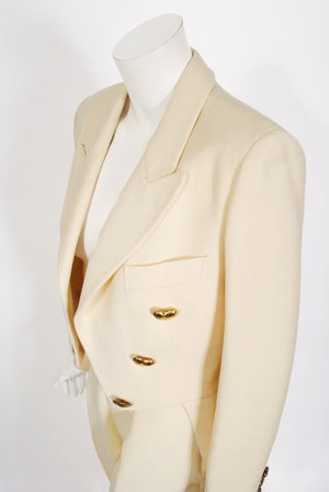 1993 Moschino Couture Cream Wool Heart Buttons Tuxedo Jacket & Pants Set